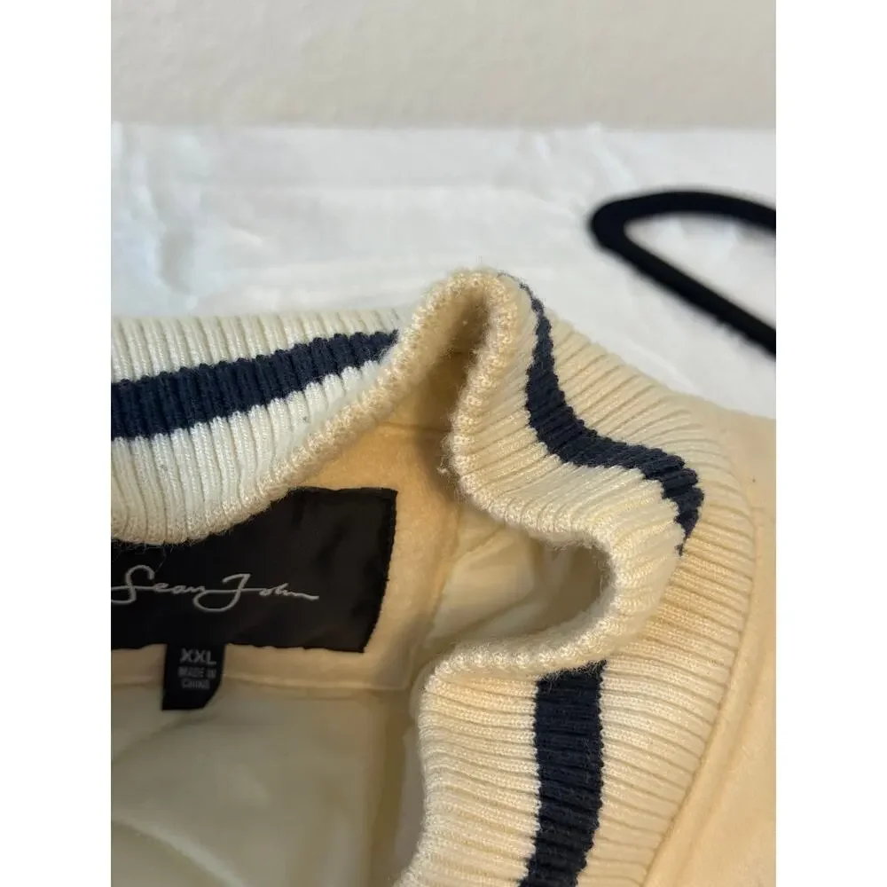 Sean John Men’s XXL Wool Varsity Bomber Jacket Cream Navy Crest
